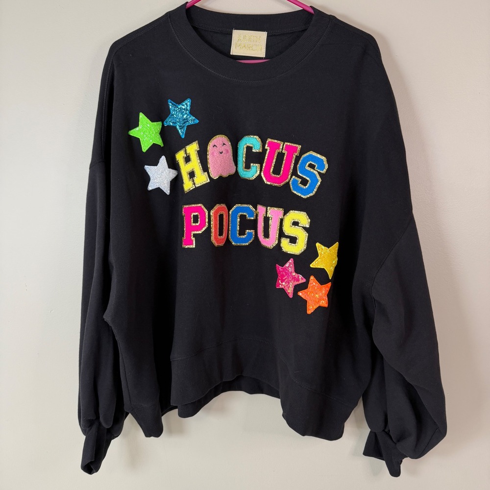 JUDITH MARCH Black XL Hocus Pocus Sequin Patch Sweatshirt Relaxed Oversized Fit